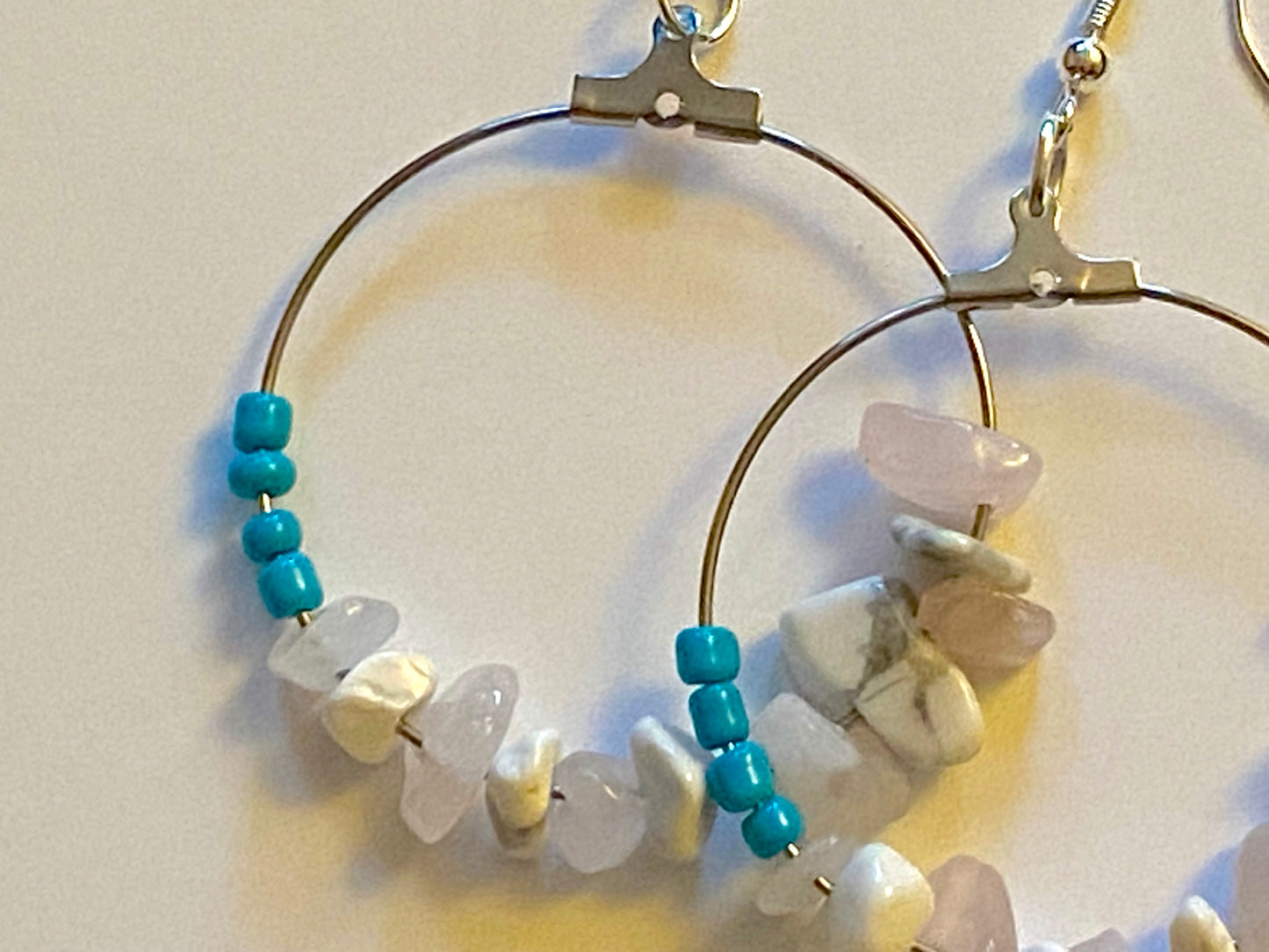 Turquoise White Howlite Rose Quartz Hoops