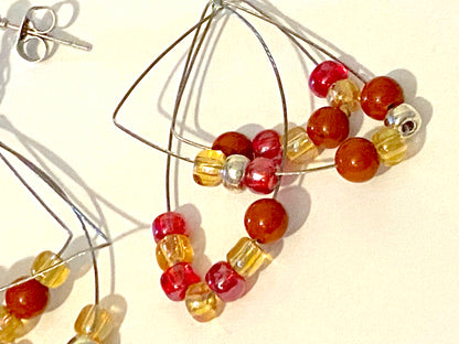 Pale Yellow Red Beaded Leaf Earrings