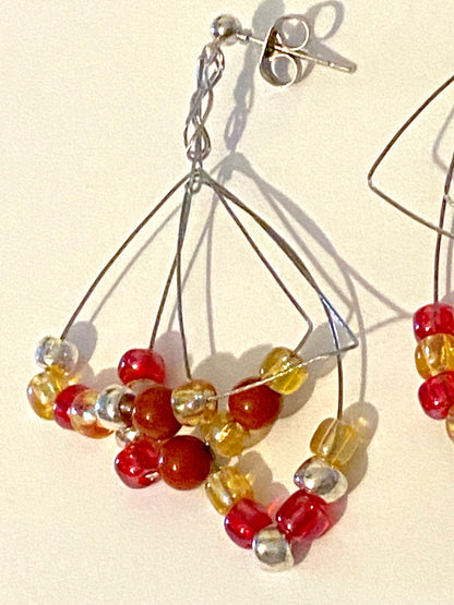 Pale Yellow Red Beaded Leaf Earrings