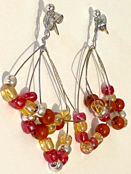 Pale Yellow Red Beaded Leaf Earrings