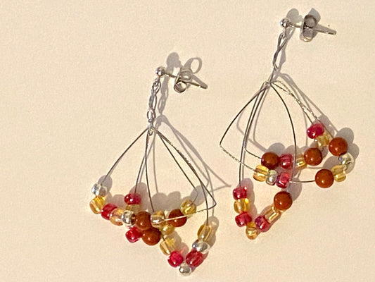 Pale Yellow Red Beaded Leaf Earrings