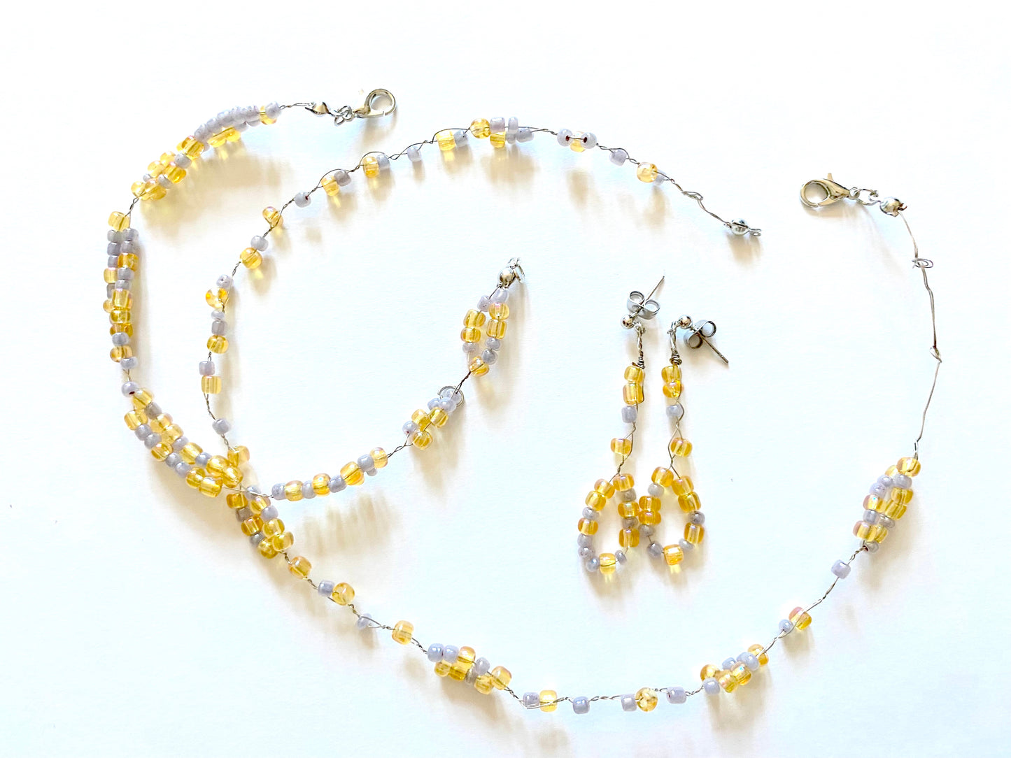 Amber Yellow and Gray Bead Necklace Set