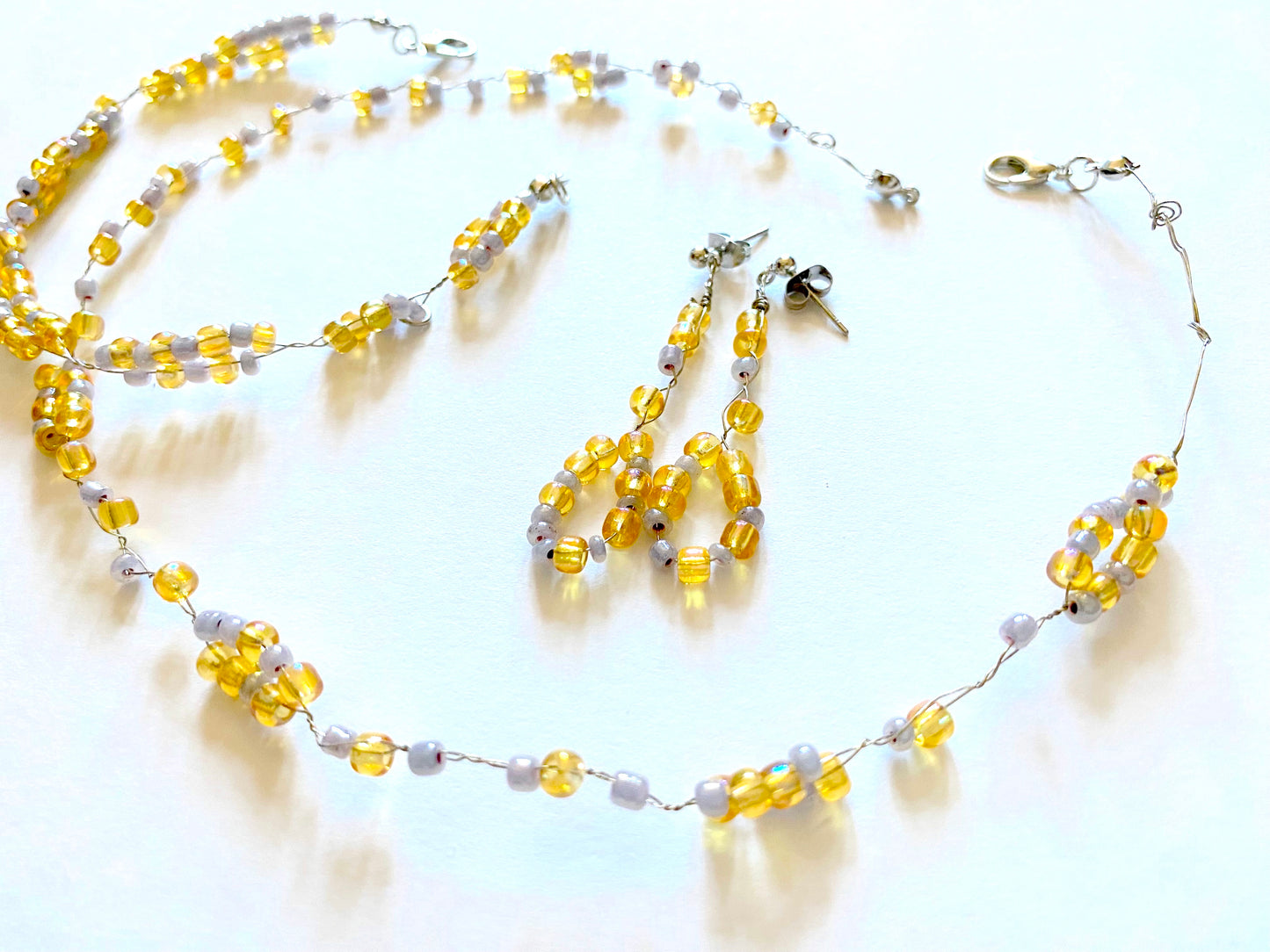 Amber Yellow and Gray Bead Necklace Set