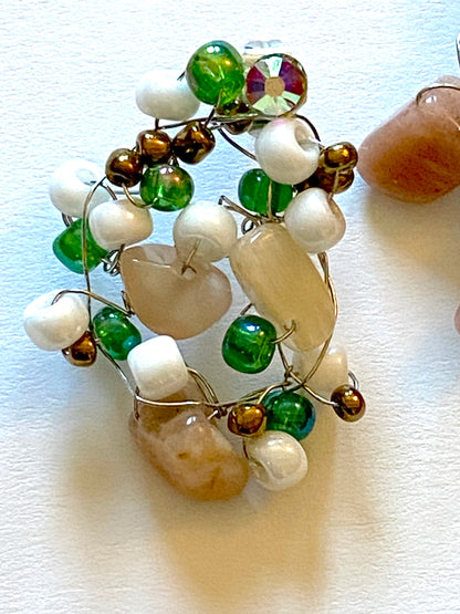 Sunstone Green White Bead Earrings