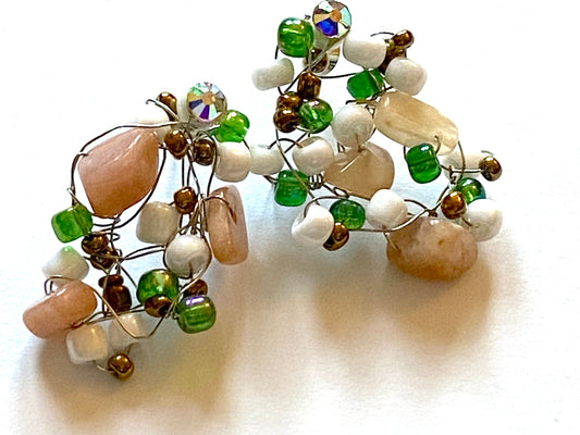 Sunstone Green White Bead Earrings