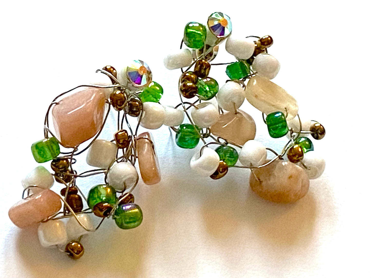 Sunstone Green White Bead Earrings