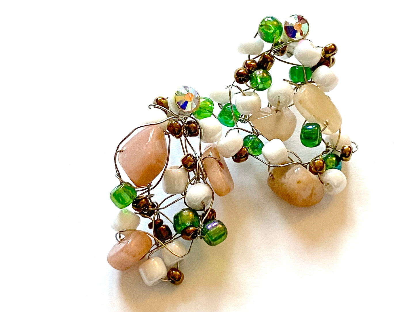 Sunstone Green White Bead Earrings