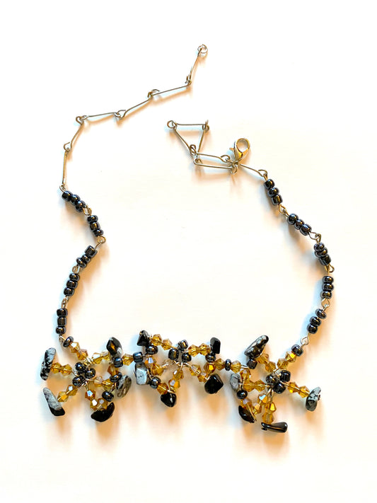 Snowflake Obsidian Amber Necklace