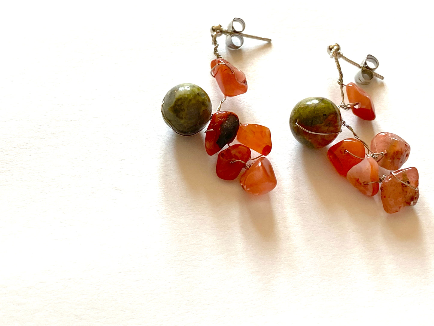 Red Agate Green Bead Earrings